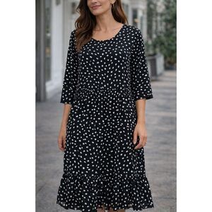 BeachLunchLounge Dalmatian Polka Dot Midi Dress XL Black White Ruffle Hem BoHo